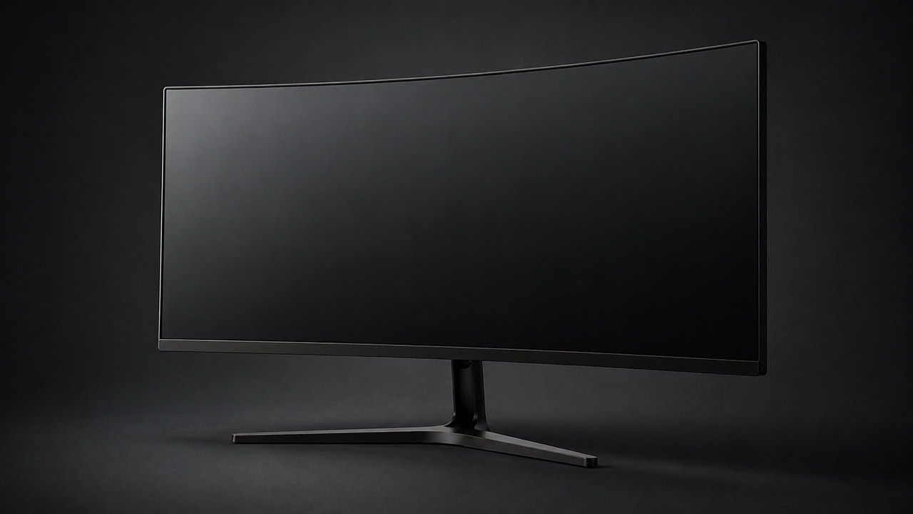 A wide curved LCD display on a stand against a dark gray background.