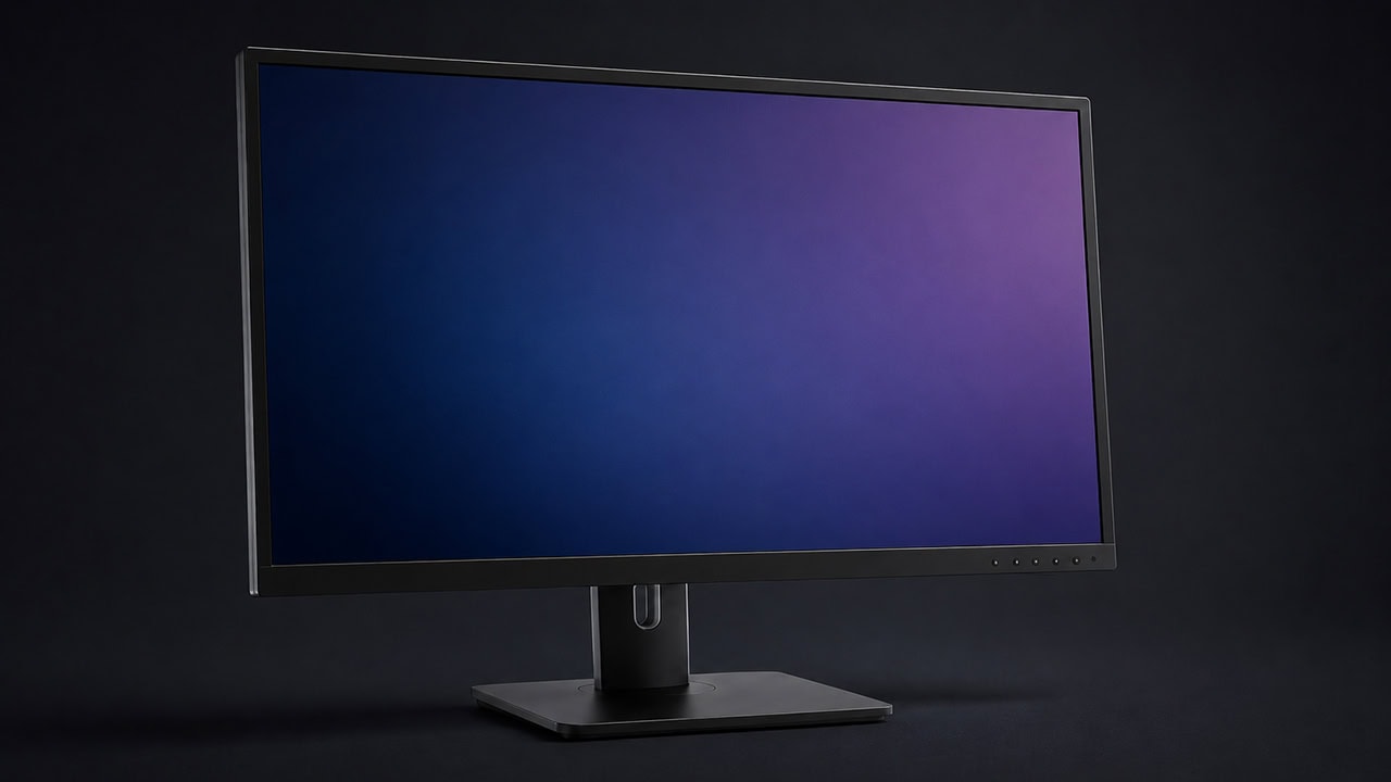 A flat-panel LCD display on a stand against a dark background, showing a blue-to-purple gradient.