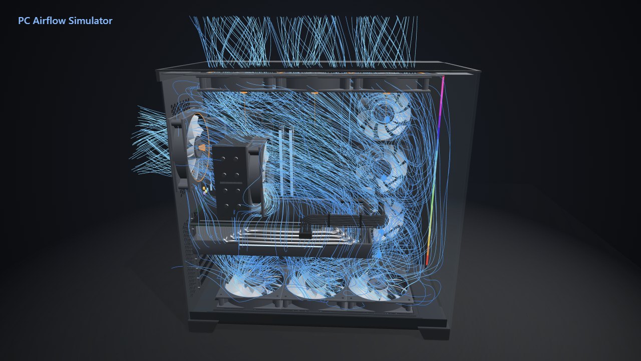 Simulated O11 Dynamic EVO with ten fans, blue air paths rising through the case and leaving through the roof and rear