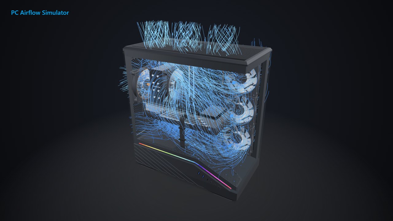 Simulated Lian Li Vector V100 with blue air paths coming in through three side fans and leaving through three roof fans