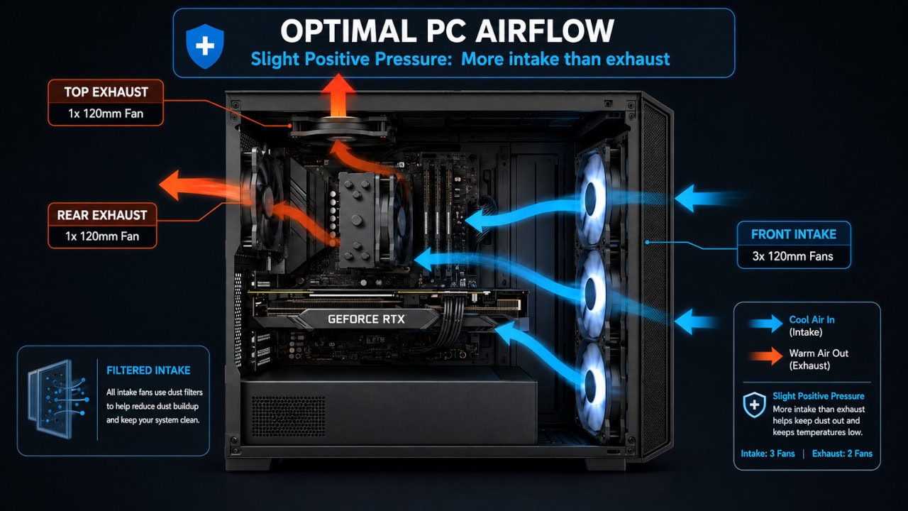Tower PC showing cool air entering through three front fans and warm air leaving through the rear and top.