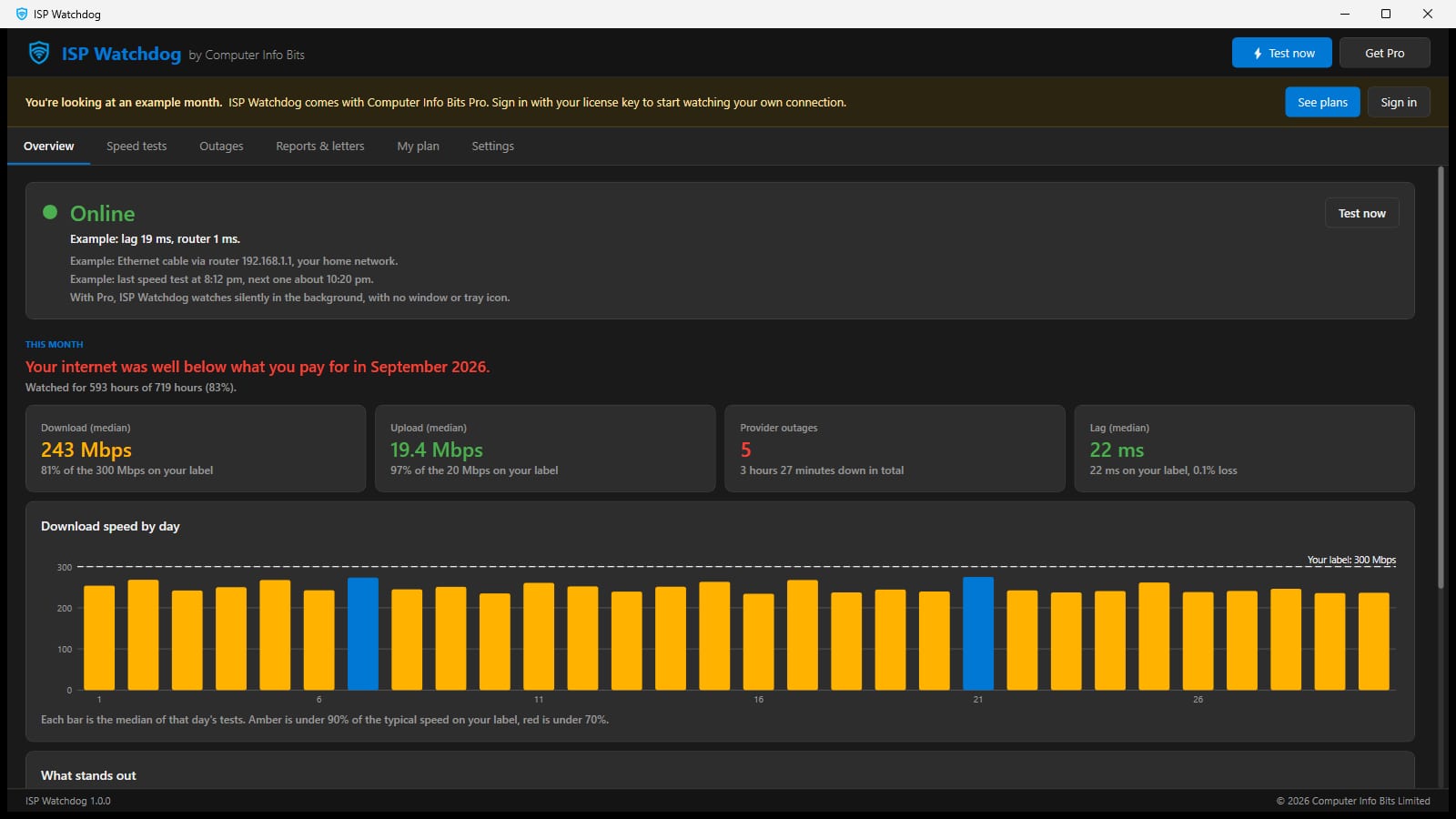Overview of an example month: 243 Mbps median download against 300 Mbps on the label, five provider outages, 22 ms lag and a chart of daily speeds