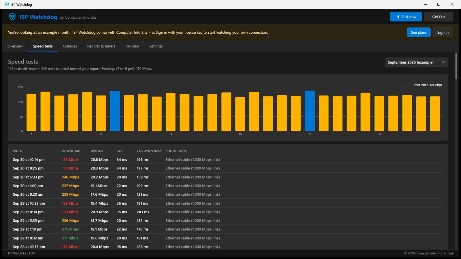 Speed tests tab with a daily chart against the 300 Mbps label speed and a list of tests, evening ones marked red