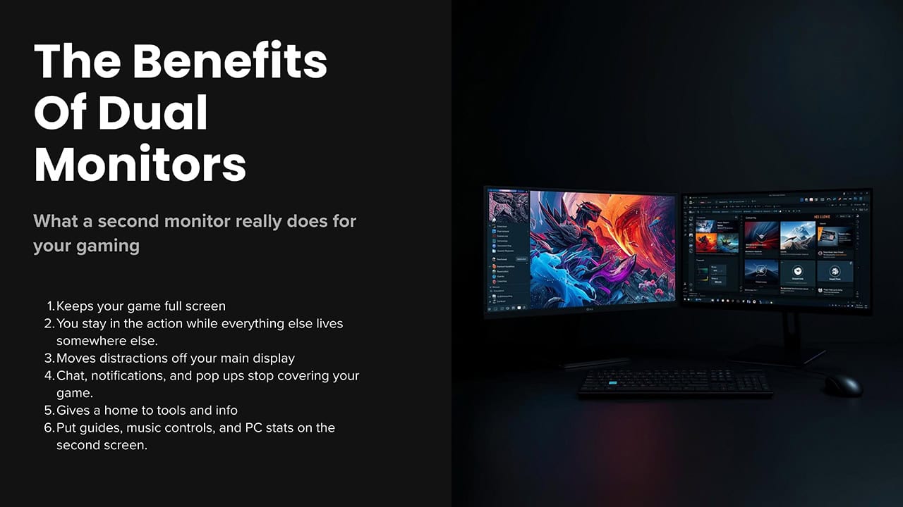 Dual monitor gaming setup showing a game on the main screen and Discord chat on the second monitor