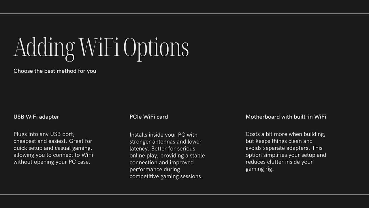 WiFi adapter options for gaming PCs showing USB WiFi adapter, PCIe WiFi card, and motherboard with built-in wireless