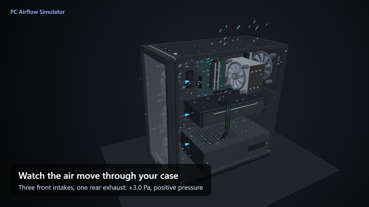 3D view of air flowing through a computer case in the PC Airflow Simulator